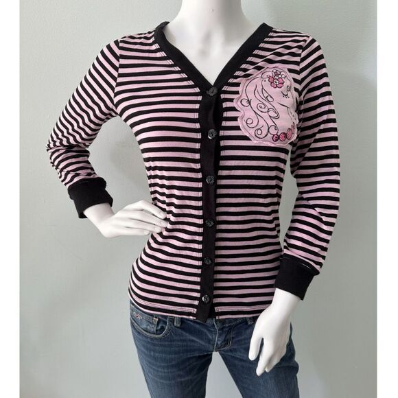 Pink & Black Striped Button-Up Cardigan with Embroidered Horse Graphic size S - Picture 1 of 7